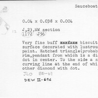 Index card with typed and handwritten information, sometimes including a sketch, of pottery from an excavation.