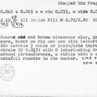 Index card with typed and handwritten information, sometimes including a sketch, of pottery from an excavation.