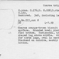Index card with typed and handwritten information, sometimes including a sketch, of pottery from an excavation.