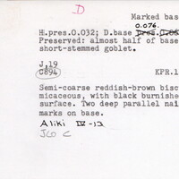 Index card with typed and handwritten information, sometimes including a sketch, of pottery from an excavation.
