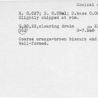 Index card with typed and handwritten information, sometimes including a sketch, of pottery from an excavation.