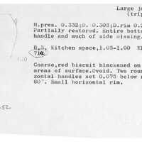 Index card with typed and handwritten information, sometimes including a sketch, of pottery from an excavation.