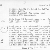 Index card with typed and handwritten information, sometimes including a sketch, of pottery from an excavation.