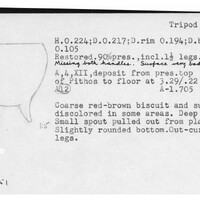 Index card with typed and handwritten information, sometimes including a sketch, of pottery from an excavation.