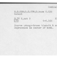 Index card with typed and handwritten information, sometimes including a sketch, of pottery from an excavation.
