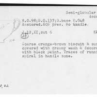 Index card with typed and handwritten information, sometimes including a sketch, of pottery from an excavation.