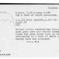 Index card with typed and handwritten information, sometimes including a sketch, of pottery from an excavation.
