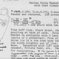 Index card with typed and handwritten information, sometimes including a sketch, of pottery from an excavation.