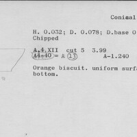 Index card with typed and handwritten information, sometimes including a sketch, of pottery from an excavation.