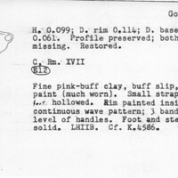 Index card with typed and handwritten information, sometimes including a sketch, of pottery from an excavation.
