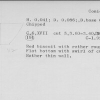 Index card with typed and handwritten information, sometimes including a sketch, of pottery from an excavation.