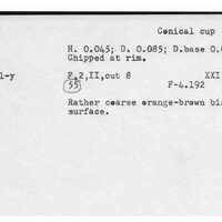 Index card with typed and handwritten information, sometimes including a sketch, of pottery from an excavation.
