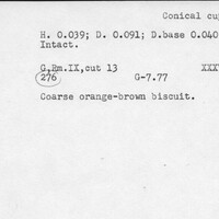 Index card with typed and handwritten information, sometimes including a sketch, of pottery from an excavation.