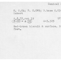 Index card with typed and handwritten information, sometimes including a sketch, of pottery from an excavation.