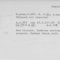 Index card with typed and handwritten information, sometimes including a sketch, of pottery from an excavation.