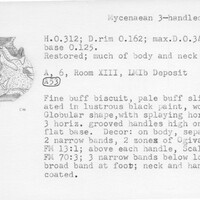 Index card with typed and handwritten information, sometimes including a sketch, of pottery from an excavation.