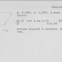 Index card with typed and handwritten information, sometimes including a sketch, of pottery from an excavation.