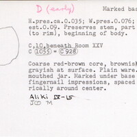 Index card with typed and handwritten information, sometimes including a sketch, of pottery from an excavation.