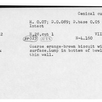 Index card with typed and handwritten information, sometimes including a sketch, of pottery from an excavation.