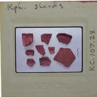 A collection of red ceramic shards on a white surface.