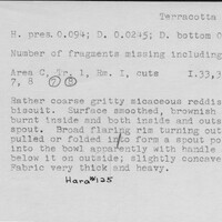 Index card with typed and handwritten information, sometimes including a sketch, of pottery from an excavation.