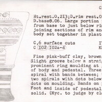 Index card with typed and handwritten information, sometimes including a sketch, of pottery from an excavation.