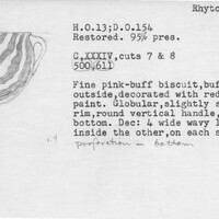 Index card with typed and handwritten information, sometimes including a sketch, of pottery from an excavation.