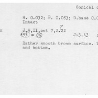Index card with typed and handwritten information, sometimes including a sketch, of pottery from an excavation.