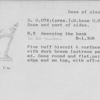 Index card with typed and handwritten information, sometimes including a sketch, of pottery from an excavation.