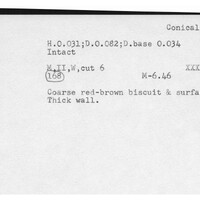 Index card with typed and handwritten information, sometimes including a sketch, of pottery from an excavation.