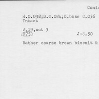 Index card with typed and handwritten information, sometimes including a sketch, of pottery from an excavation.