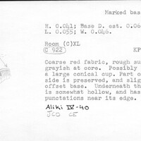 Index card with typed and handwritten information, sometimes including a sketch, of pottery from an excavation.