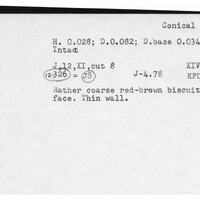 Index card with typed and handwritten information, sometimes including a sketch, of pottery from an excavation.
