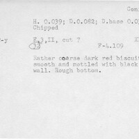 Index card with typed and handwritten information, sometimes including a sketch, of pottery from an excavation.