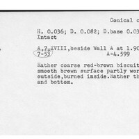 Index card with typed and handwritten information, sometimes including a sketch, of pottery from an excavation.