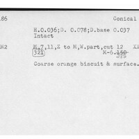 Index card with typed and handwritten information, sometimes including a sketch, of pottery from an excavation.