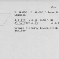 Index card with typed and handwritten information, sometimes including a sketch, of pottery from an excavation.