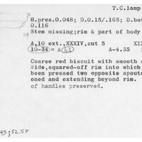 Index card with typed and handwritten information, sometimes including a sketch, of pottery from an excavation.