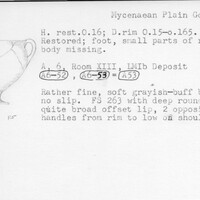 Index card with typed and handwritten information, sometimes including a sketch, of pottery from an excavation.