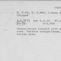 Index card with typed and handwritten information, sometimes including a sketch, of pottery from an excavation.