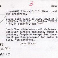 Index card with typed and handwritten information, sometimes including a sketch, of pottery from an excavation.