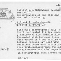 Index card with typed and handwritten information, sometimes including a sketch, of pottery from an excavation.