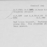 Index card with typed and handwritten information, sometimes including a sketch, of pottery from an excavation.