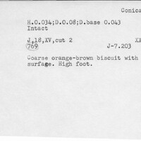 Index card with typed and handwritten information, sometimes including a sketch, of pottery from an excavation.