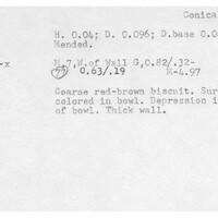 Index card with typed and handwritten information, sometimes including a sketch, of pottery from an excavation.