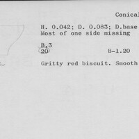 Index card with typed and handwritten information, sometimes including a sketch, of pottery from an excavation.