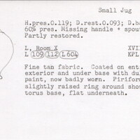Index card with typed and handwritten information, sometimes including a sketch, of pottery from an excavation.