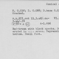 Index card with typed and handwritten information, sometimes including a sketch, of pottery from an excavation.