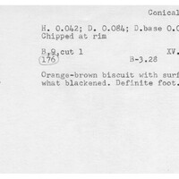 Index card with typed and handwritten information, sometimes including a sketch, of pottery from an excavation.