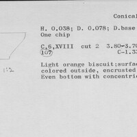 Index card with typed and handwritten information, sometimes including a sketch, of pottery from an excavation.